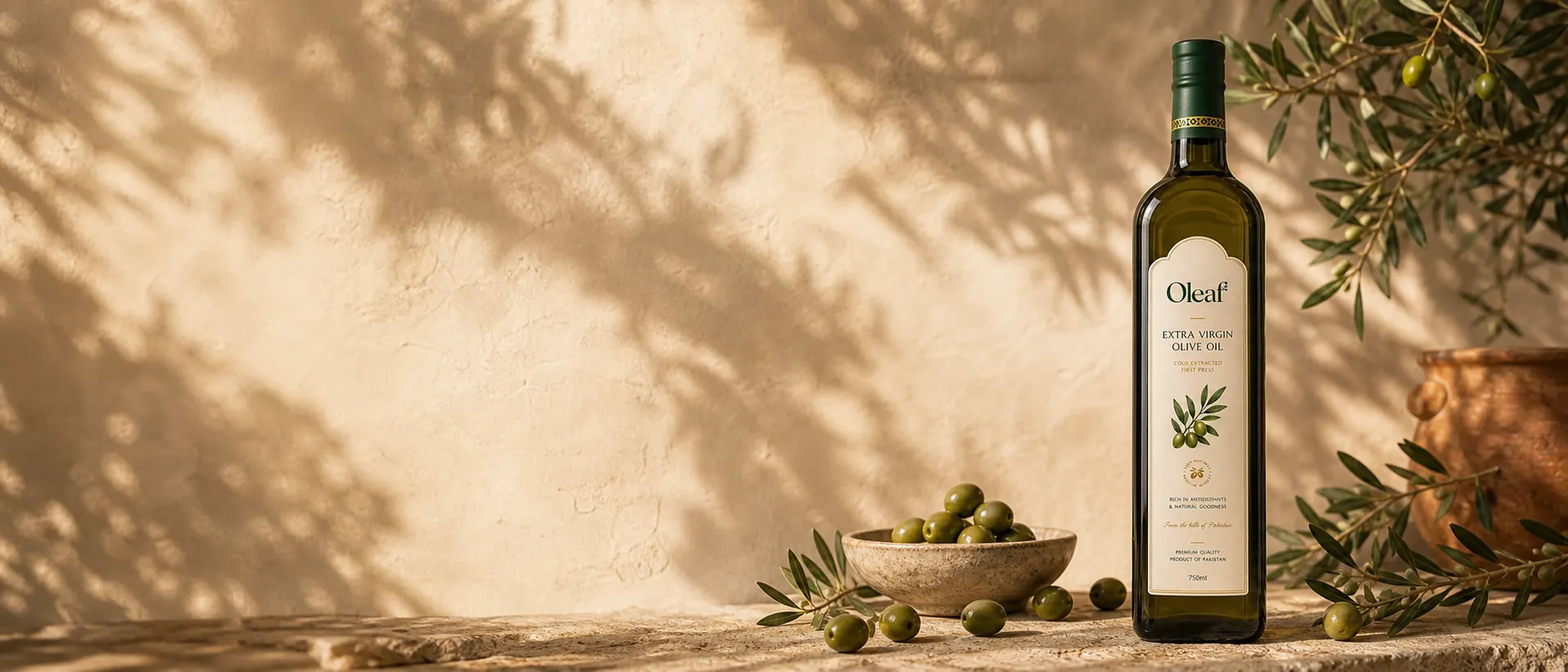 Wide stone olive oil still life