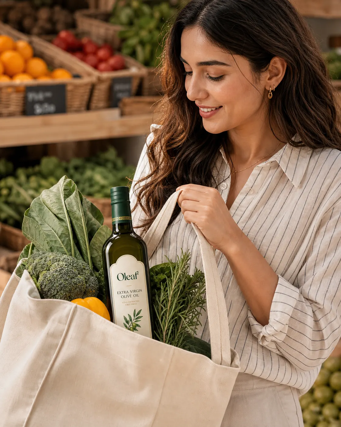 Farmers market tote with olive oil