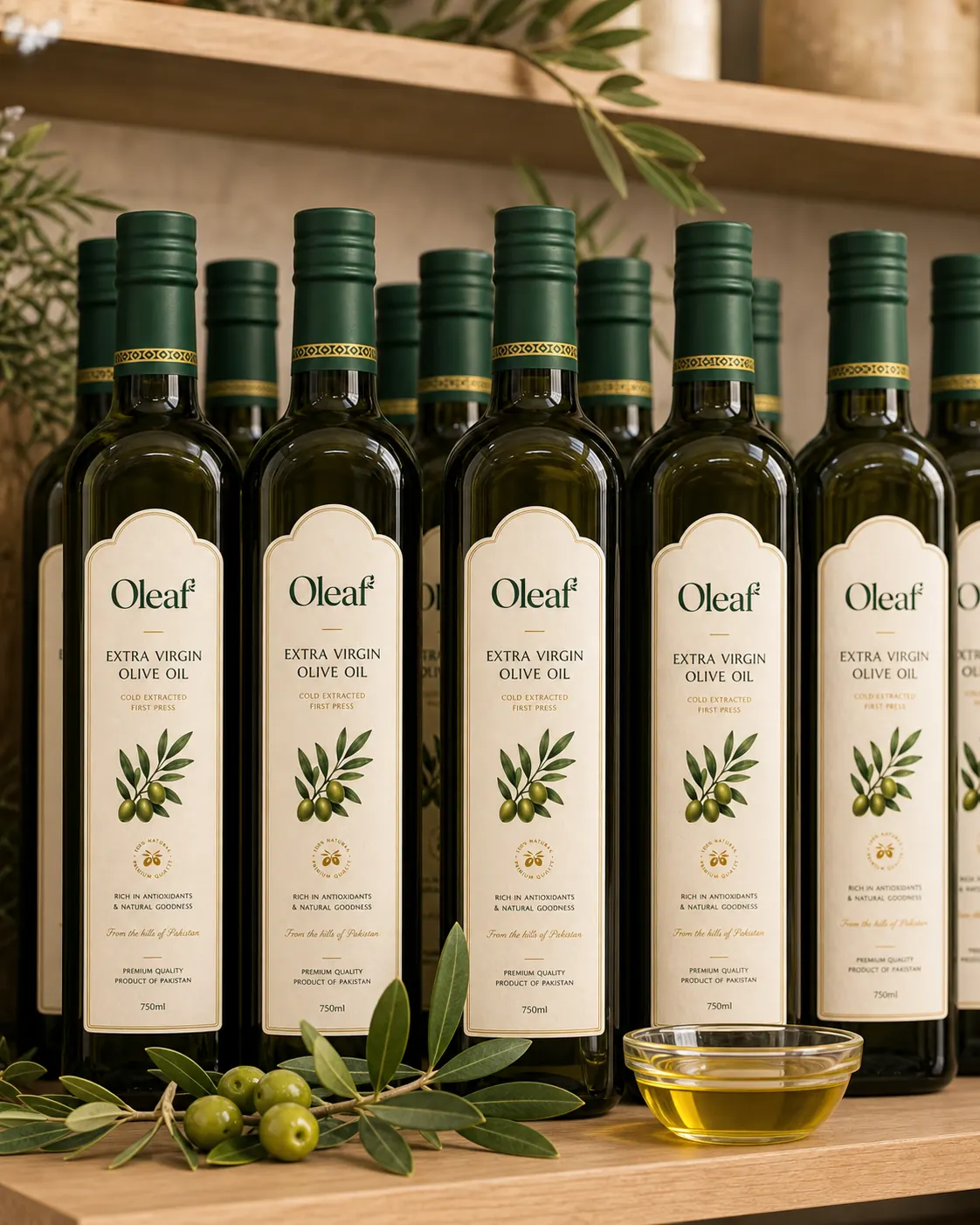 Retail shelf display with Oleaf bottles